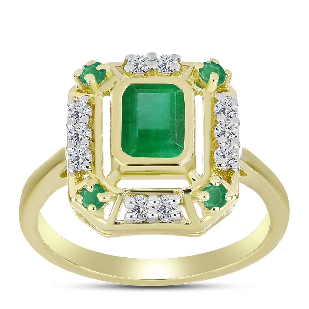 Anillo de Plata Bañada en Oro con Esmeralda de Brasil y Topacio Blanco 3 