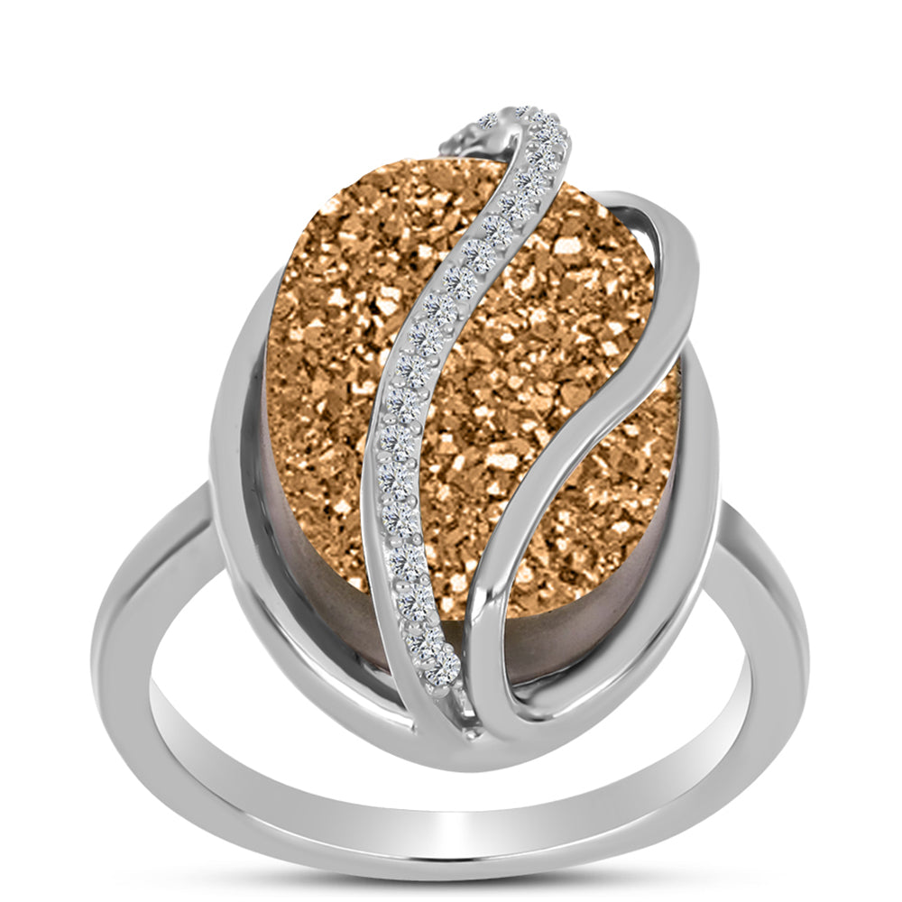 Anillo de Plata con Drusa Dorada y Topacio Blanco 3 