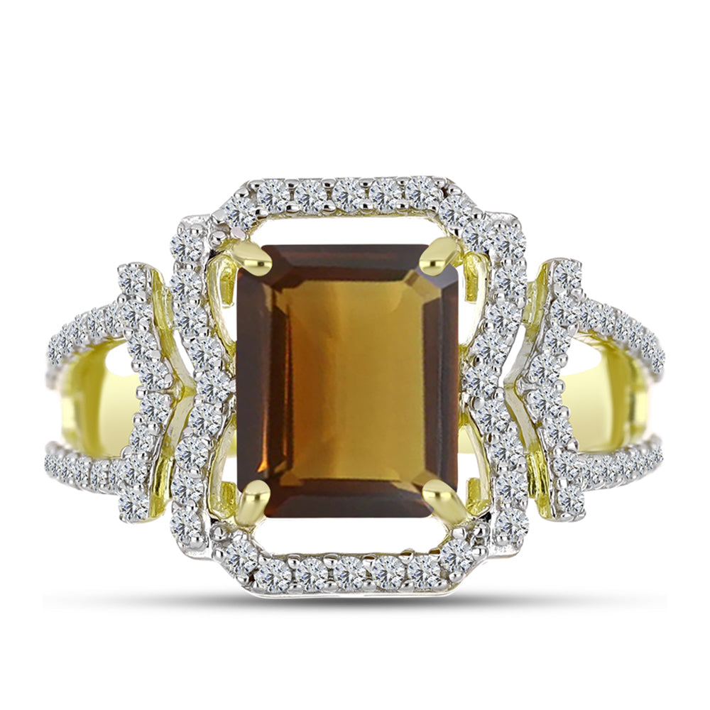 Anillo de Plata Bañada en Oro con Cuarzo Coñac y Topacio Blanco