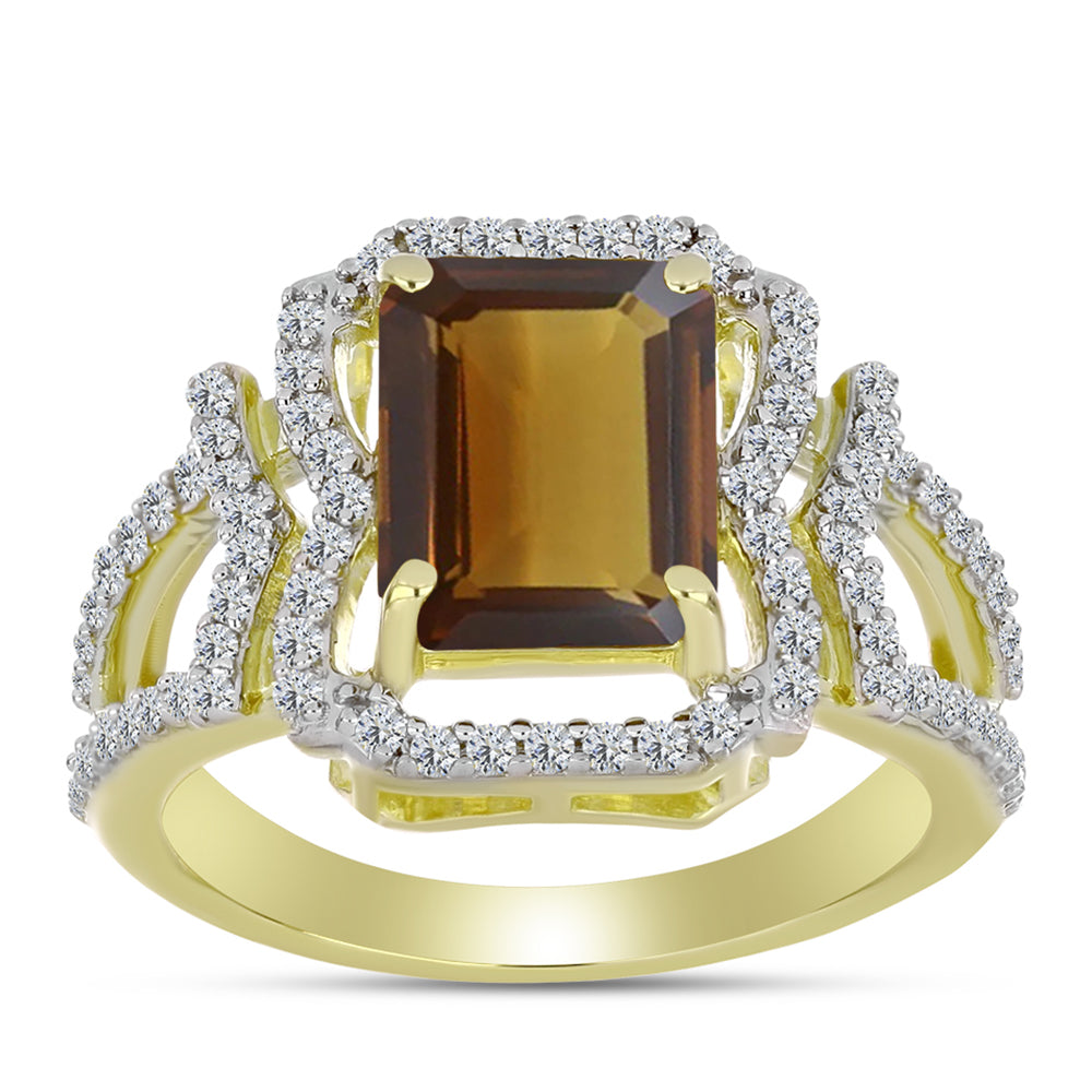 Anillo de Plata Bañada en Oro con Cuarzo Coñac y Topacio Blanco 3 