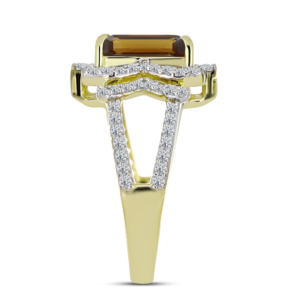 Anillo de Plata Bañada en Oro con Cuarzo Coñac y Topacio Blanco 4 