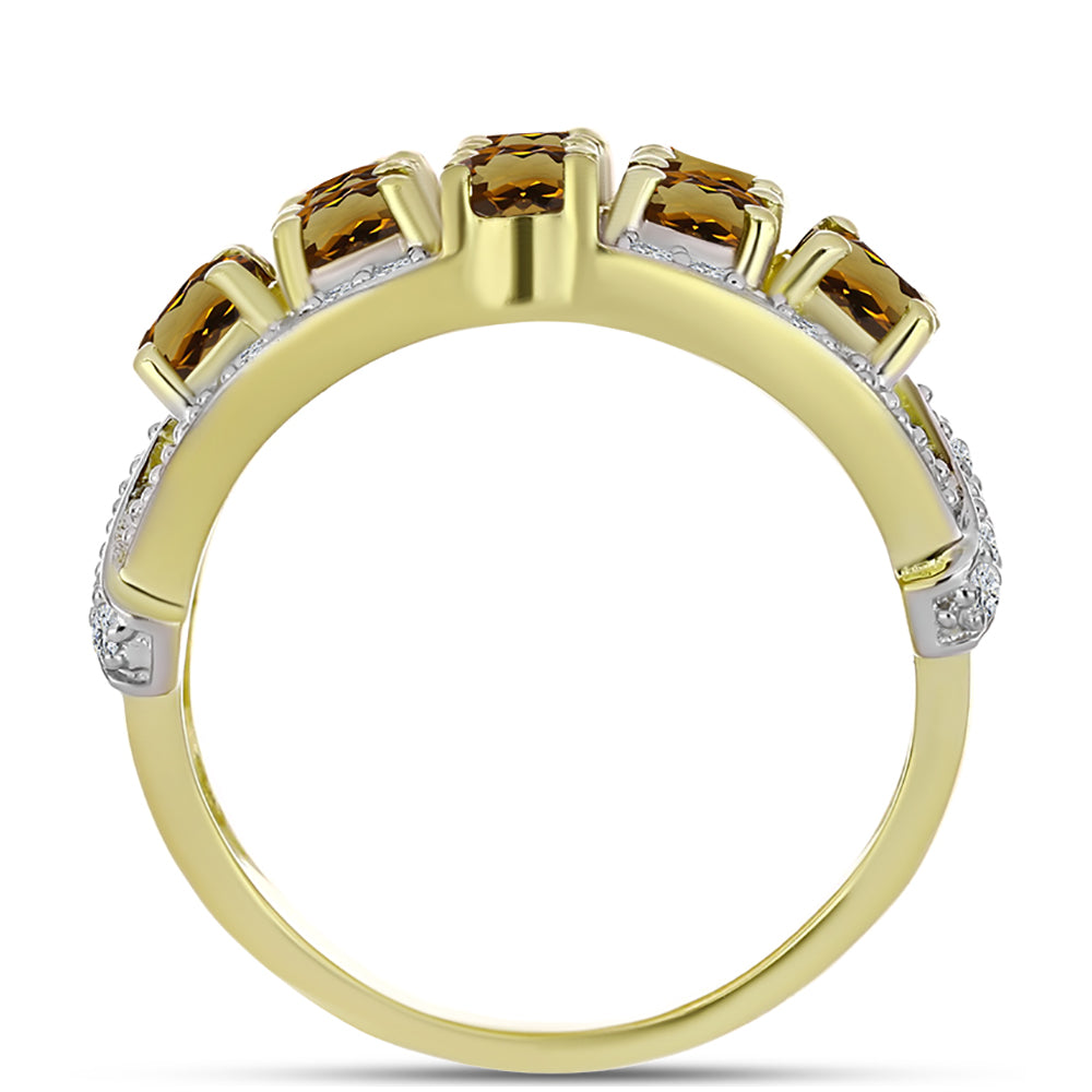 Anillo de Plata Bañada en Oro con Cuarzo Coñac y Topacio Blanco