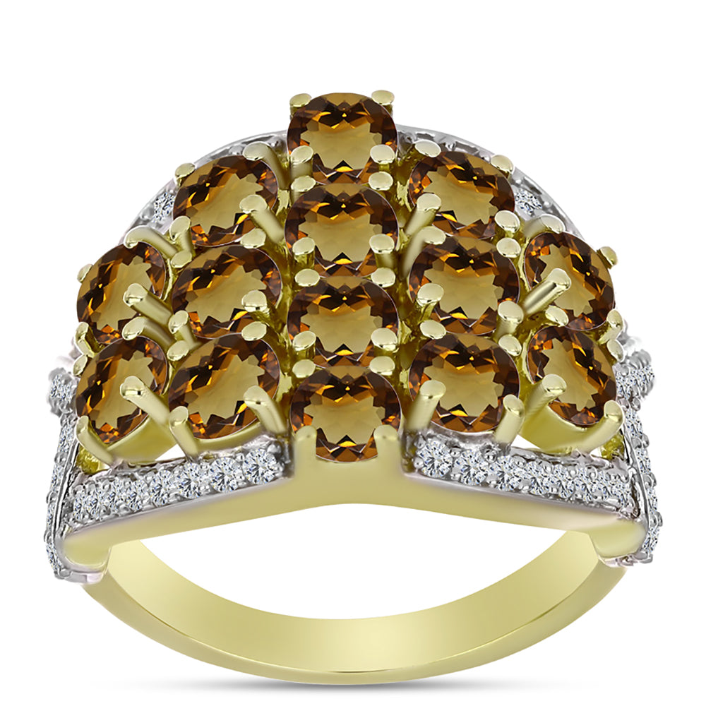 Anillo de Plata Bañada en Oro con Cuarzo Coñac y Topacio Blanco