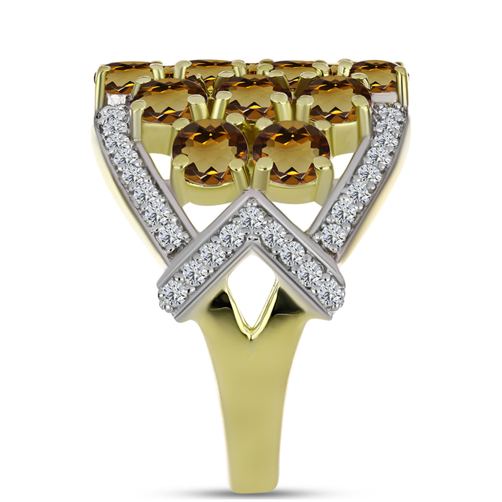 Anillo de Plata Bañada en Oro con Cuarzo Coñac y Topacio Blanco