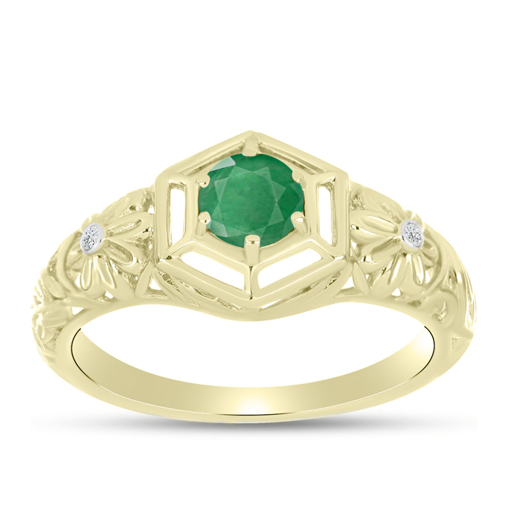 Anillo de Plata Bañada en Oro con Esmeralda de Brasil y Topacio Blanco