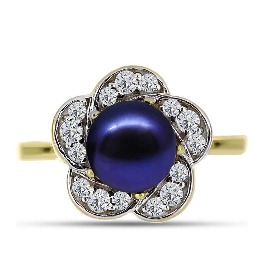 Anillo de Plata Bañada en Oro con Perla Negra Cultivada de Agua Dulce y Topacio Blanco 1 