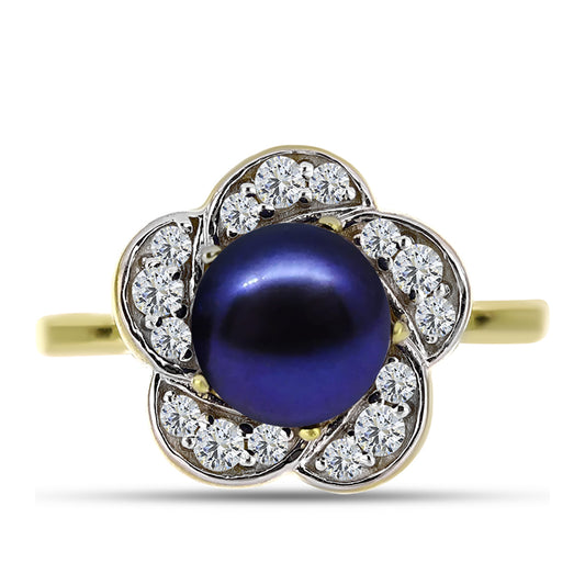 Anillo de Plata Bañada en Oro con Perla Negra Cultivada de Agua Dulce y Topacio Blanco