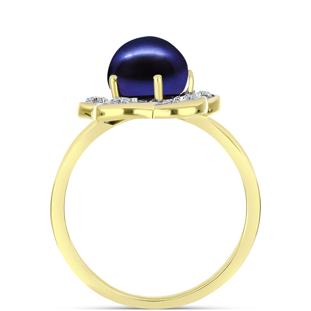 Anillo de Plata Bañada en Oro con Perla Negra Cultivada de Agua Dulce y Topacio Blanco 2 