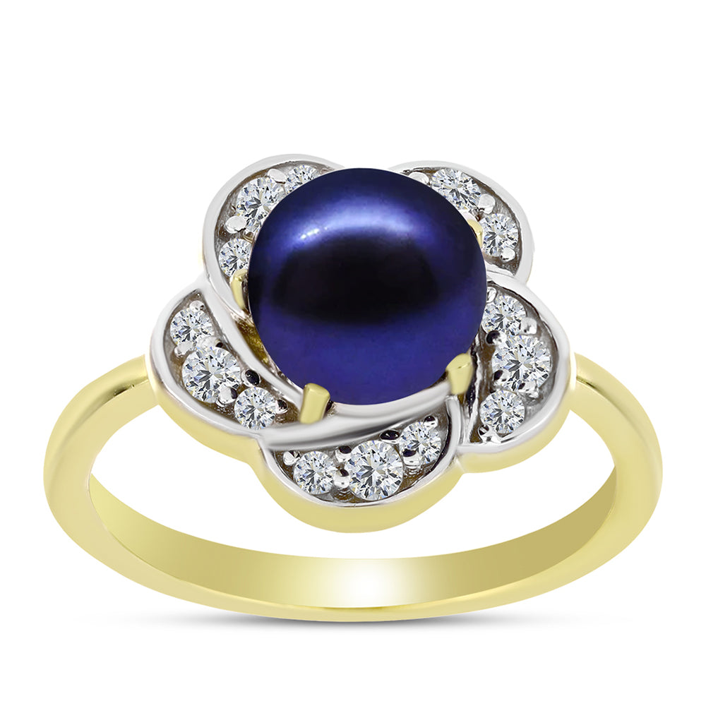 Anillo de Plata Bañada en Oro con Perla Negra Cultivada de Agua Dulce y Topacio Blanco 3 