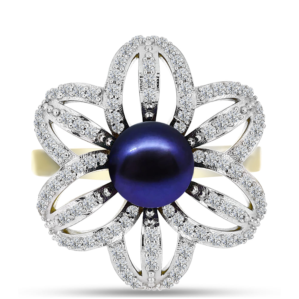 Anillo de Plata Bañada en Oro con Perla Negra Cultivada de Agua Dulce y Topacio Blanco 1 