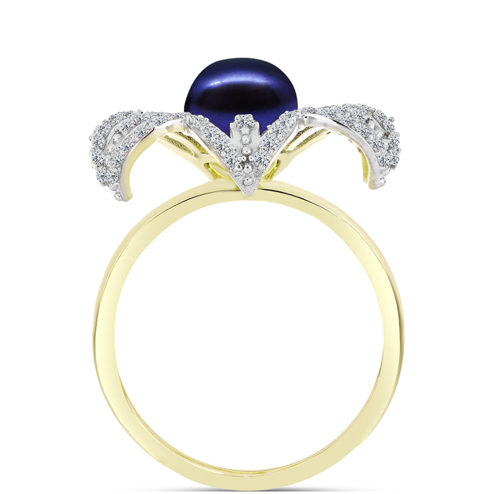 Anillo de Plata Bañada en Oro con Perla Negra Cultivada de Agua Dulce y Topacio Blanco 2 