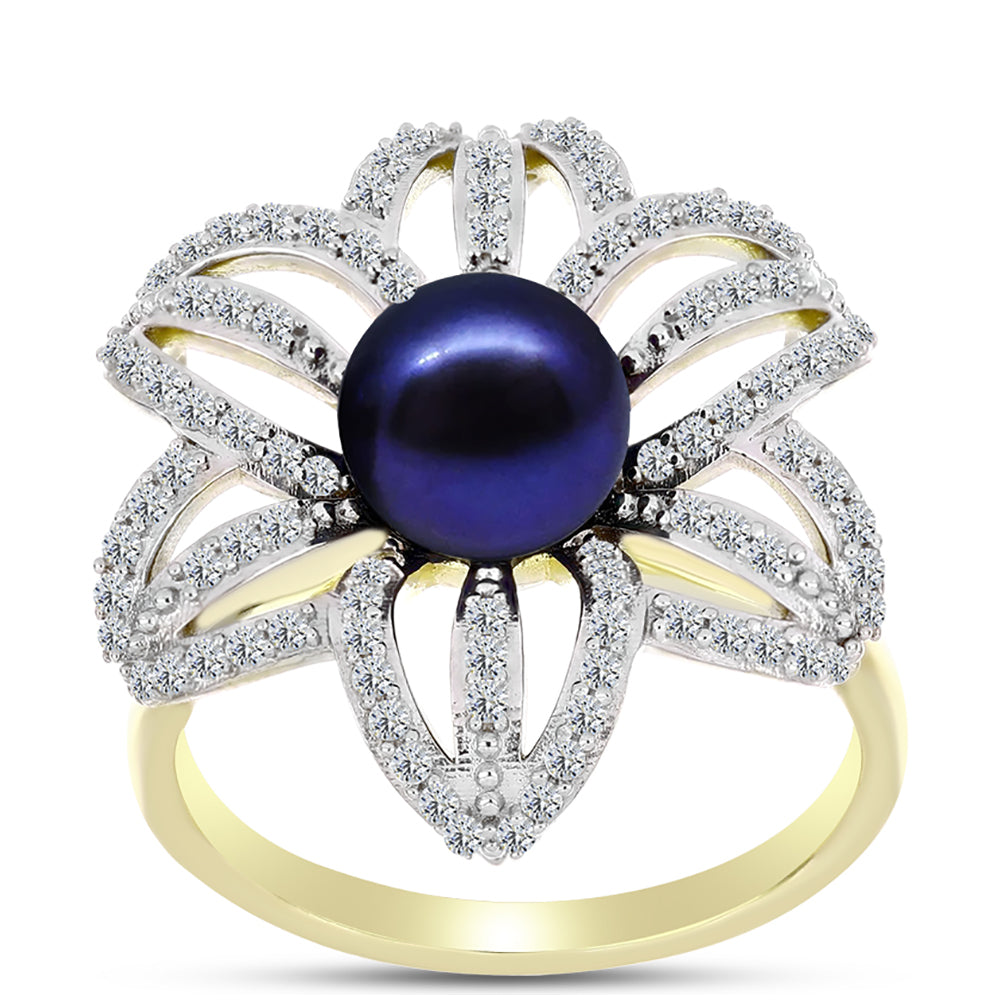 Anillo de Plata Bañada en Oro con Perla Negra Cultivada de Agua Dulce y Topacio Blanco