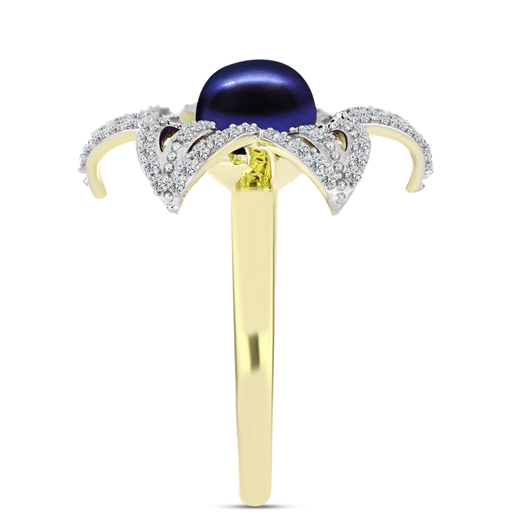 Anillo de Plata Bañada en Oro con Perla Negra Cultivada de Agua Dulce y Topacio Blanco 4 