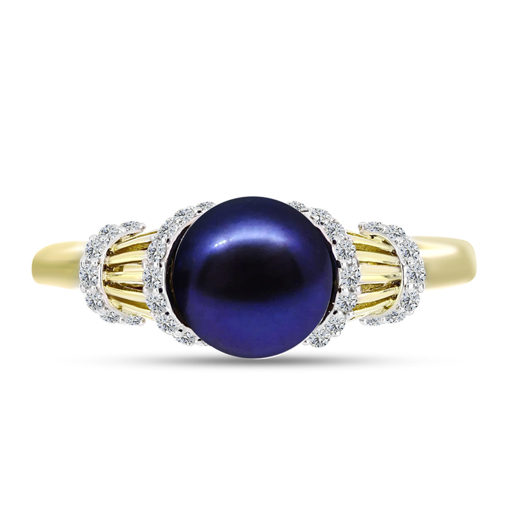 Anillo de Plata Bañada en Oro con Perla Negra Cultivada de Agua Dulce y Topacio Blanco 1 