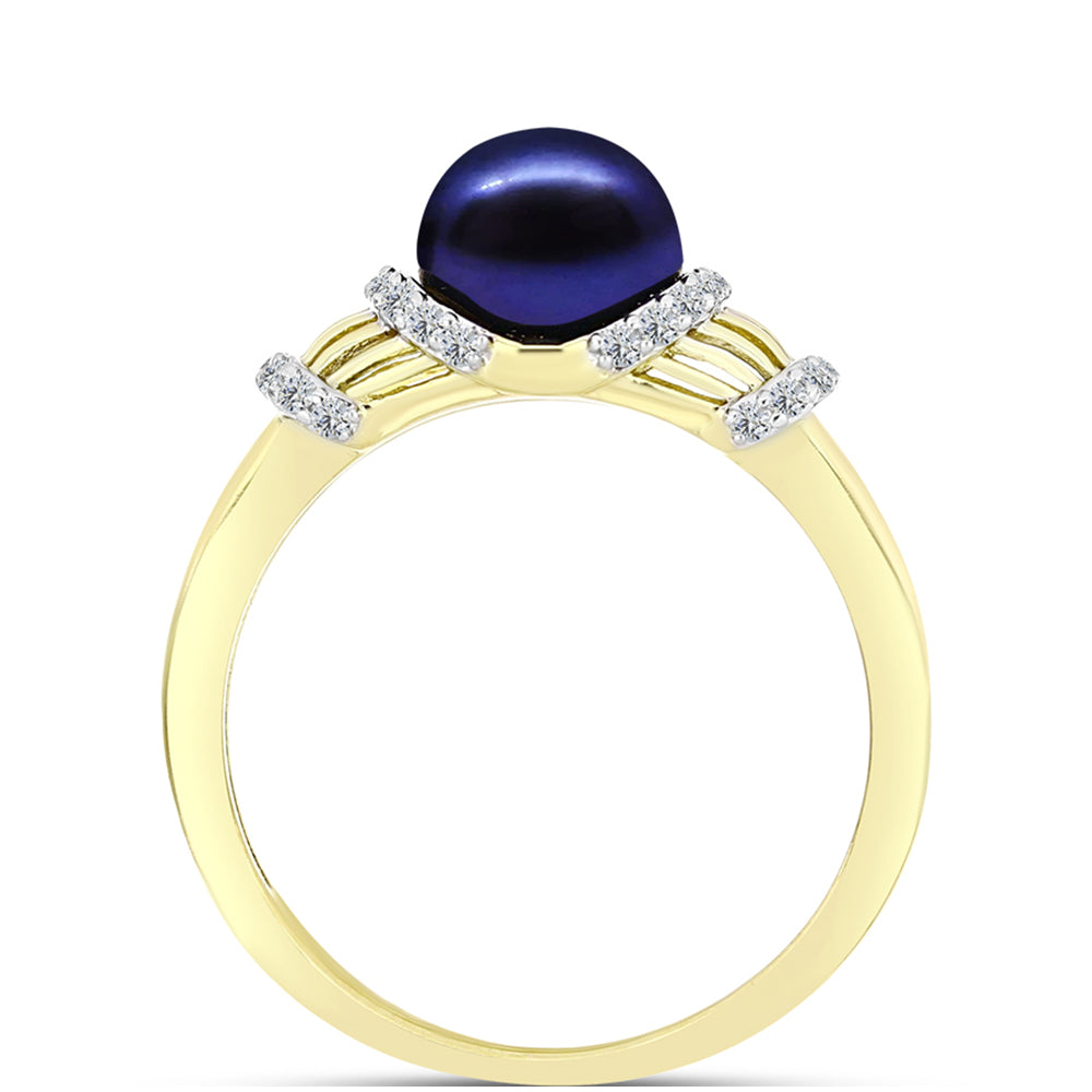 Anillo de Plata Bañada en Oro con Perla Negra Cultivada de Agua Dulce y Topacio Blanco 2 