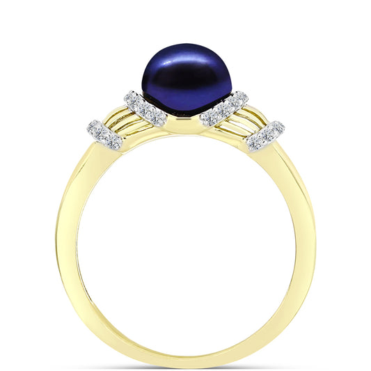 Anillo de Plata Bañada en Oro con Perla Negra Cultivada de Agua Dulce y Topacio Blanco