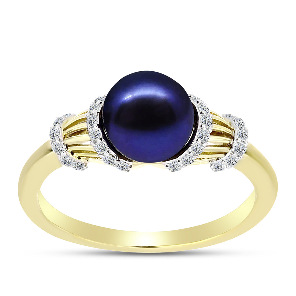 Anillo de Plata Bañada en Oro con Perla Negra Cultivada de Agua Dulce y Topacio Blanco 3 