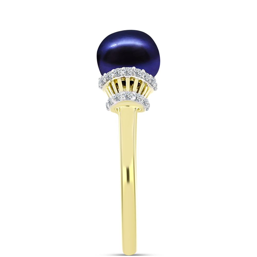 Anillo de Plata Bañada en Oro con Perla Negra Cultivada de Agua Dulce y Topacio Blanco 4 
