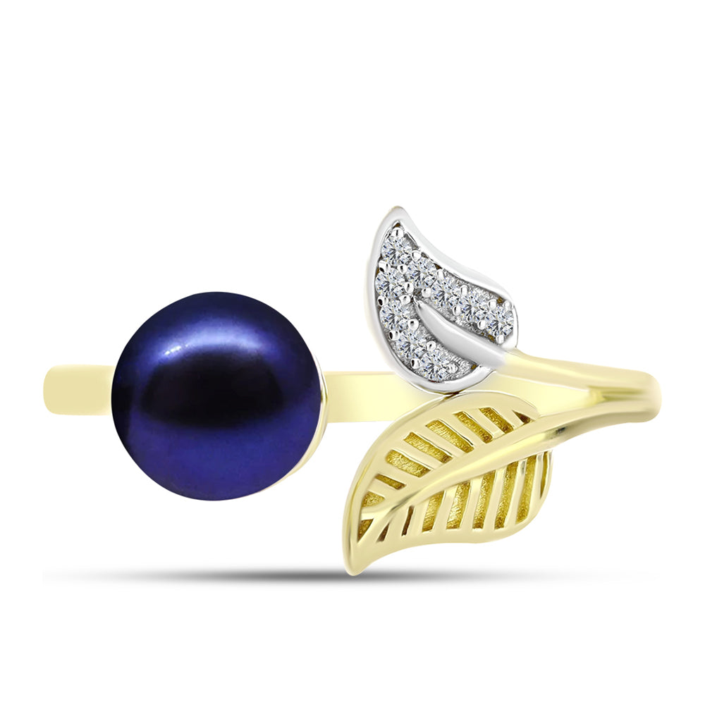Anillo de Plata Bañada en Oro con Perla Negra Cultivada de Agua Dulce y Topacio Blanco 1 
