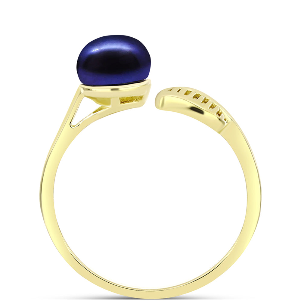 Anillo de Plata Bañada en Oro con Perla Negra Cultivada de Agua Dulce y Topacio Blanco 2 