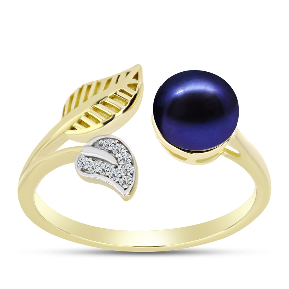 Anillo de Plata Bañada en Oro con Perla Negra Cultivada de Agua Dulce y Topacio Blanco
