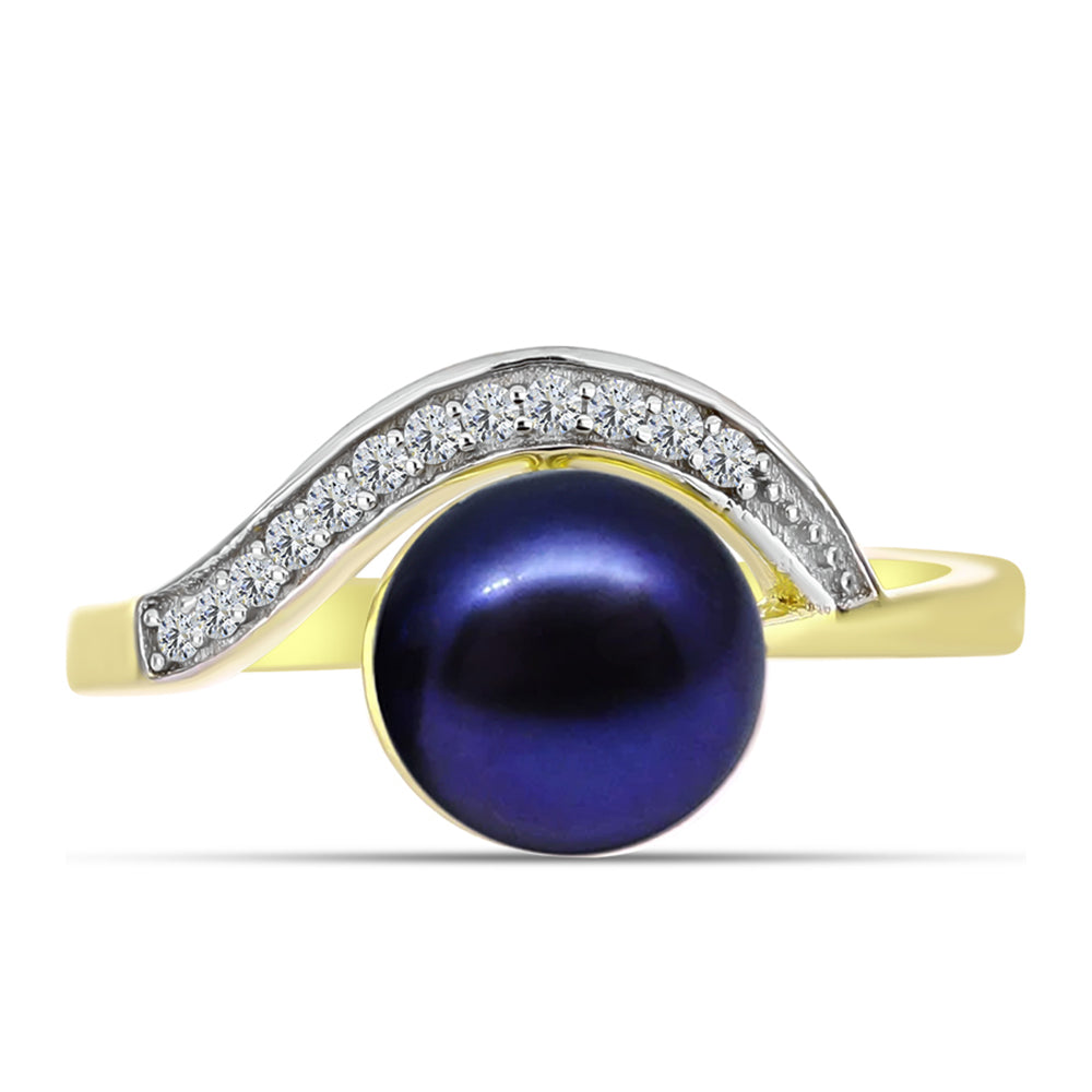 Anillo de Plata Bañada en Oro con Perla Negra Cultivada de Agua Dulce y Topacio Blanco 1 