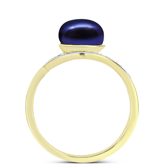 Anillo de Plata Bañada en Oro con Perla Negra Cultivada de Agua Dulce y Topacio Blanco