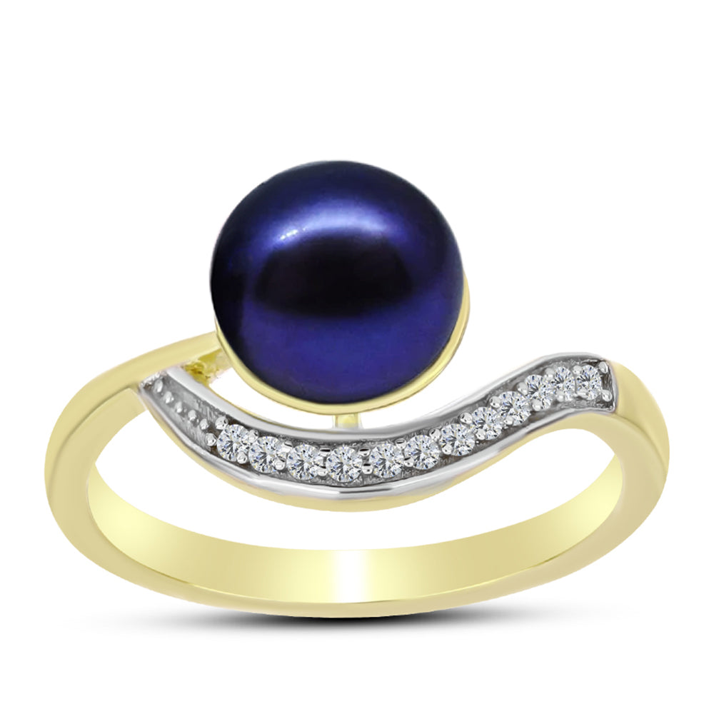 Anillo de Plata Bañada en Oro con Perla Negra Cultivada de Agua Dulce y Topacio Blanco 3 
