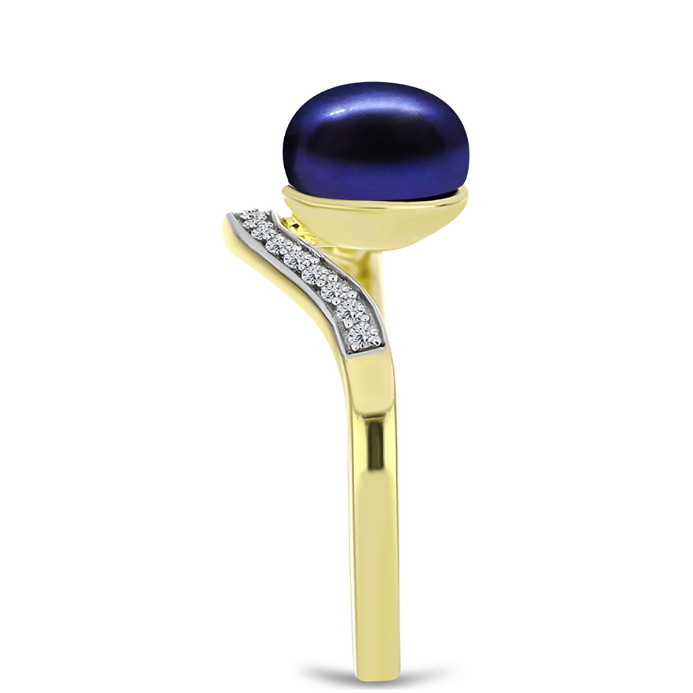 Anillo de Plata Bañada en Oro con Perla Negra Cultivada de Agua Dulce y Topacio Blanco 4 