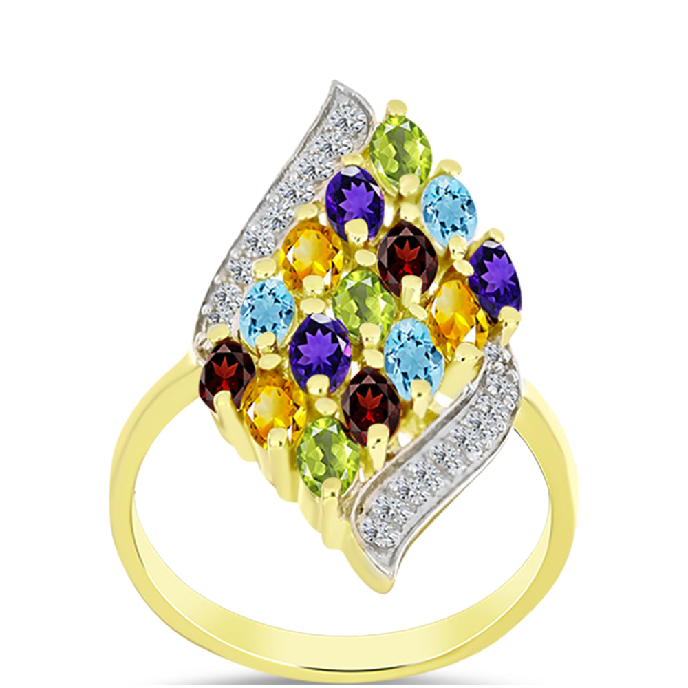 Anillo de Plata Bañada en Oro con Granate Barton y Amatista de Marruecos