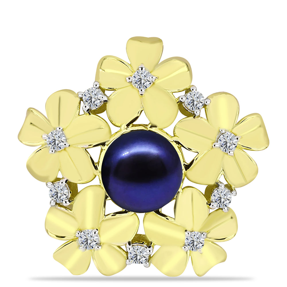 Colgante de Plata Bañada en Oro con Perla Negra Cultivada de Agua Dulce y Topacio Blanco