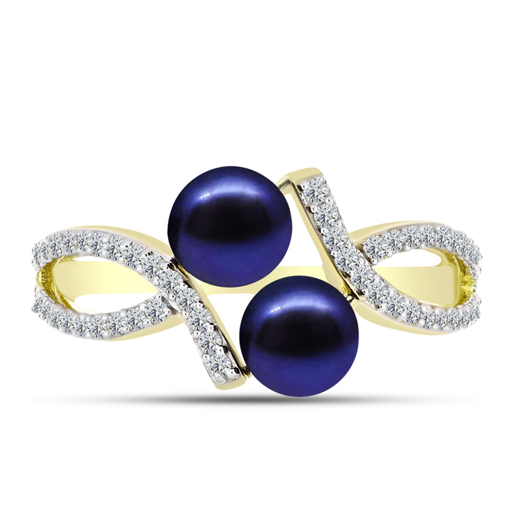 Anillo de Plata Bañada en Oro con Perla Negra Cultivada de Agua Dulce y Topacio Blanco 1 