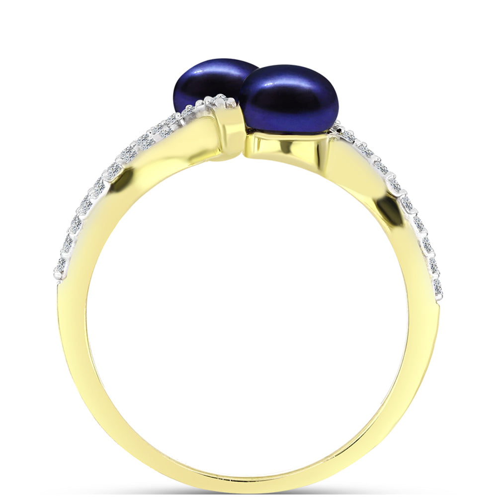 Anillo de Plata Bañada en Oro con Perla Negra Cultivada de Agua Dulce y Topacio Blanco