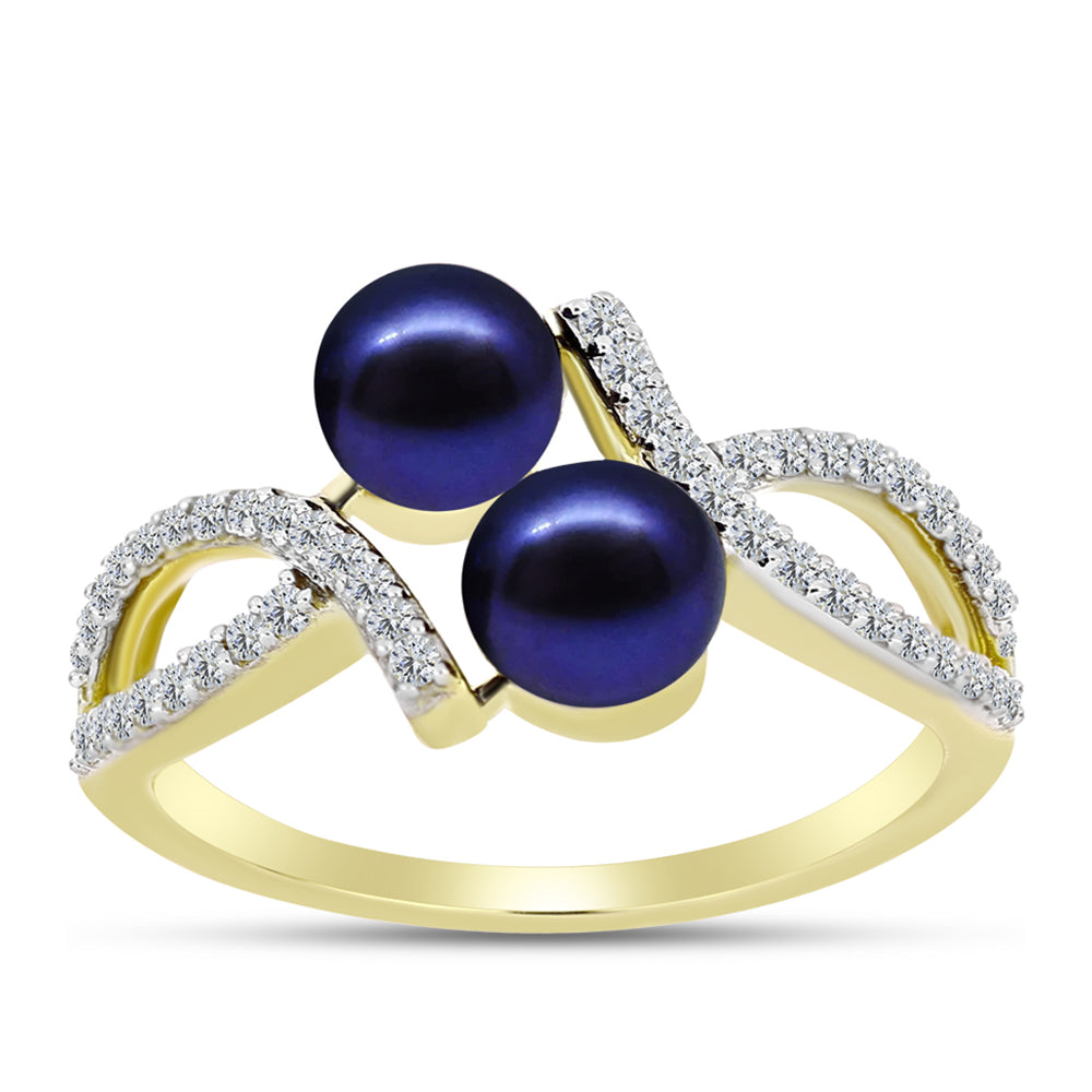 Anillo de Plata Bañada en Oro con Perla Negra Cultivada de Agua Dulce y Topacio Blanco