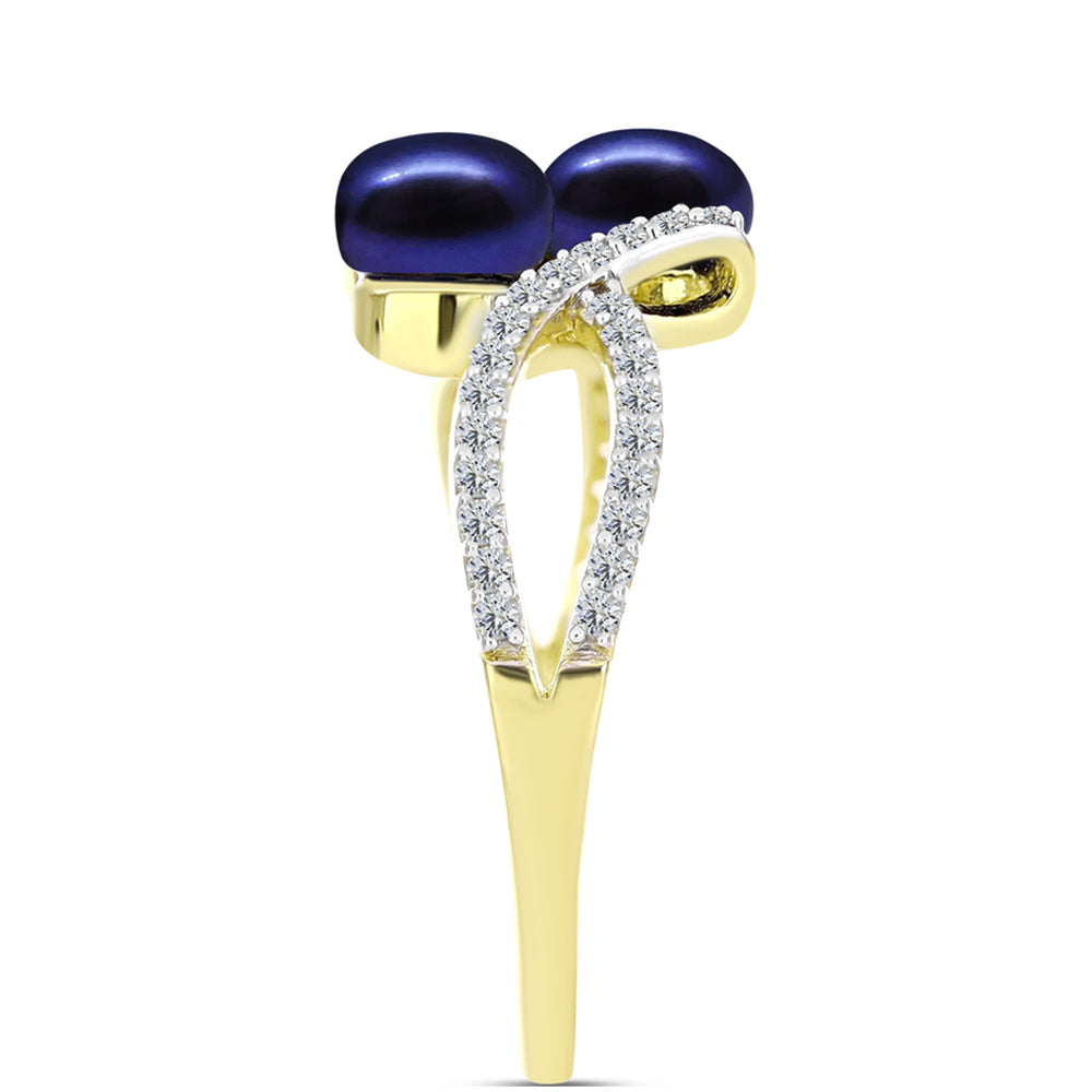 Anillo de Plata Bañada en Oro con Perla Negra Cultivada de Agua Dulce y Topacio Blanco 4 