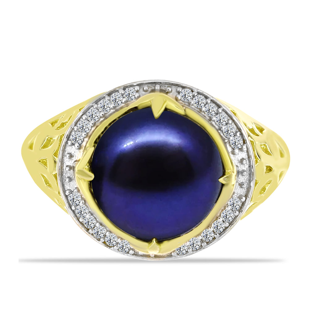Anillo de Plata Bañada en Oro con Perla Negra Cultivada de Agua Dulce y Topacio Blanco 1 