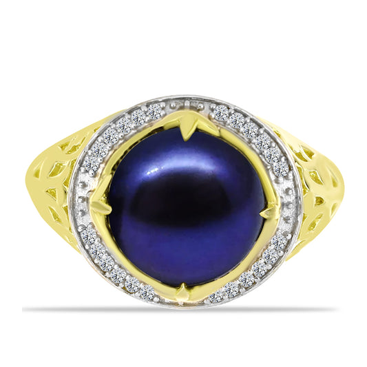 Anillo de Plata Bañada en Oro con Perla Negra Cultivada de Agua Dulce y Topacio Blanco