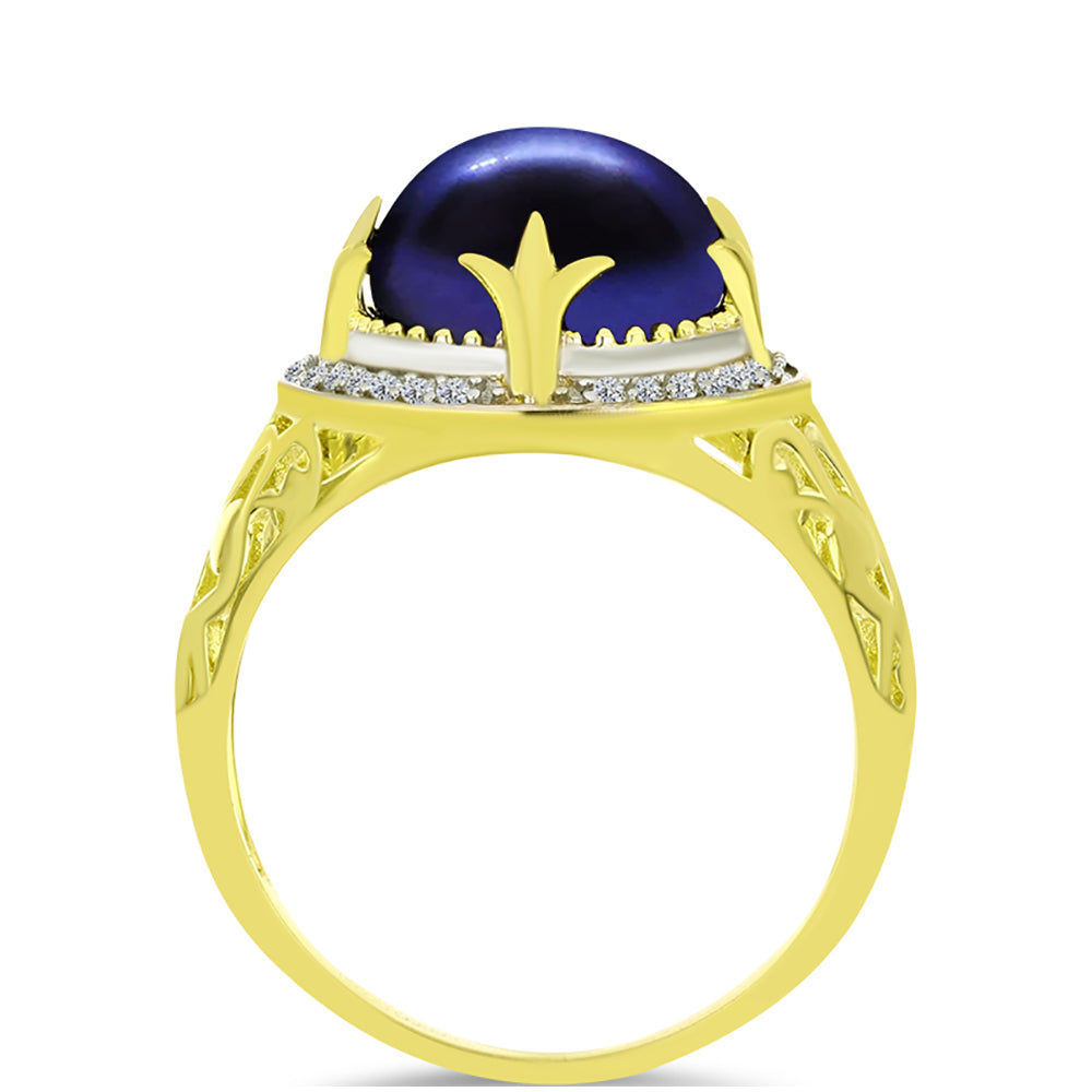 Anillo de Plata Bañada en Oro con Perla Negra Cultivada de Agua Dulce y Topacio Blanco
