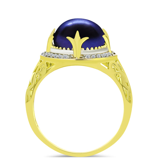 Anillo de Plata Bañada en Oro con Perla Negra Cultivada de Agua Dulce y Topacio Blanco