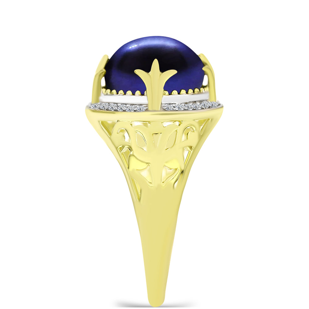 Anillo de Plata Bañada en Oro con Perla Negra Cultivada de Agua Dulce y Topacio Blanco