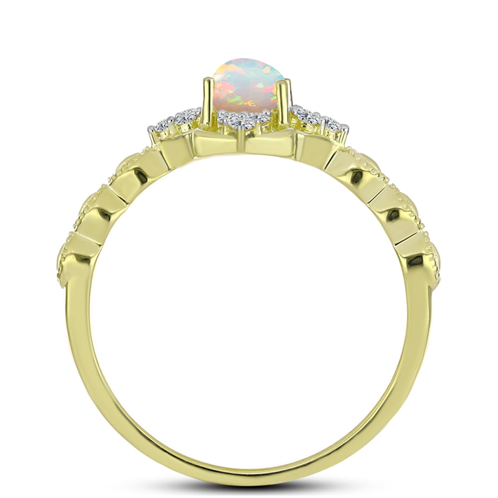 Anillo de Plata Bañada en Oro con Ópalo Welo y Topacio Blanco