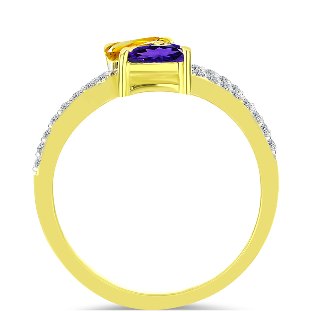 Anillo de Plata Bañada en Oro con Amatista de Marruecos y Citrino de los Montes Urales