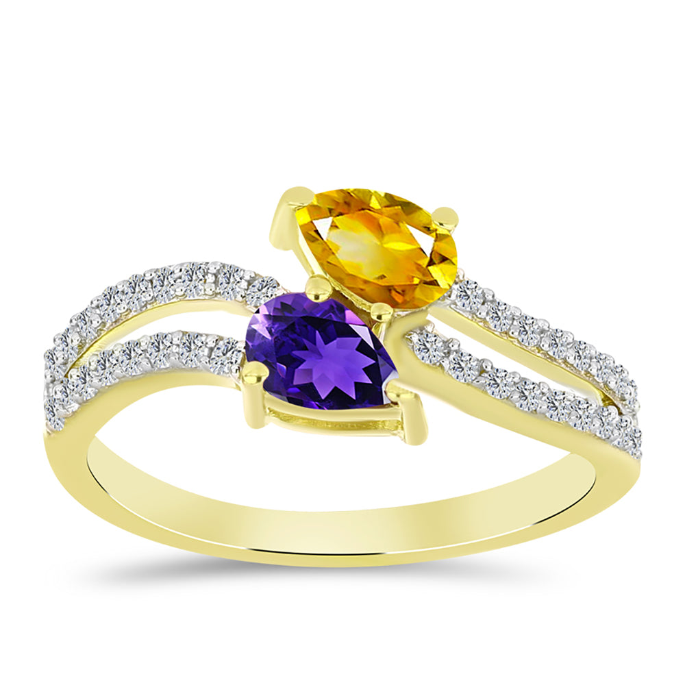 Anillo de Plata Bañada en Oro con Amatista de Marruecos y Citrino de los Montes Urales 3 