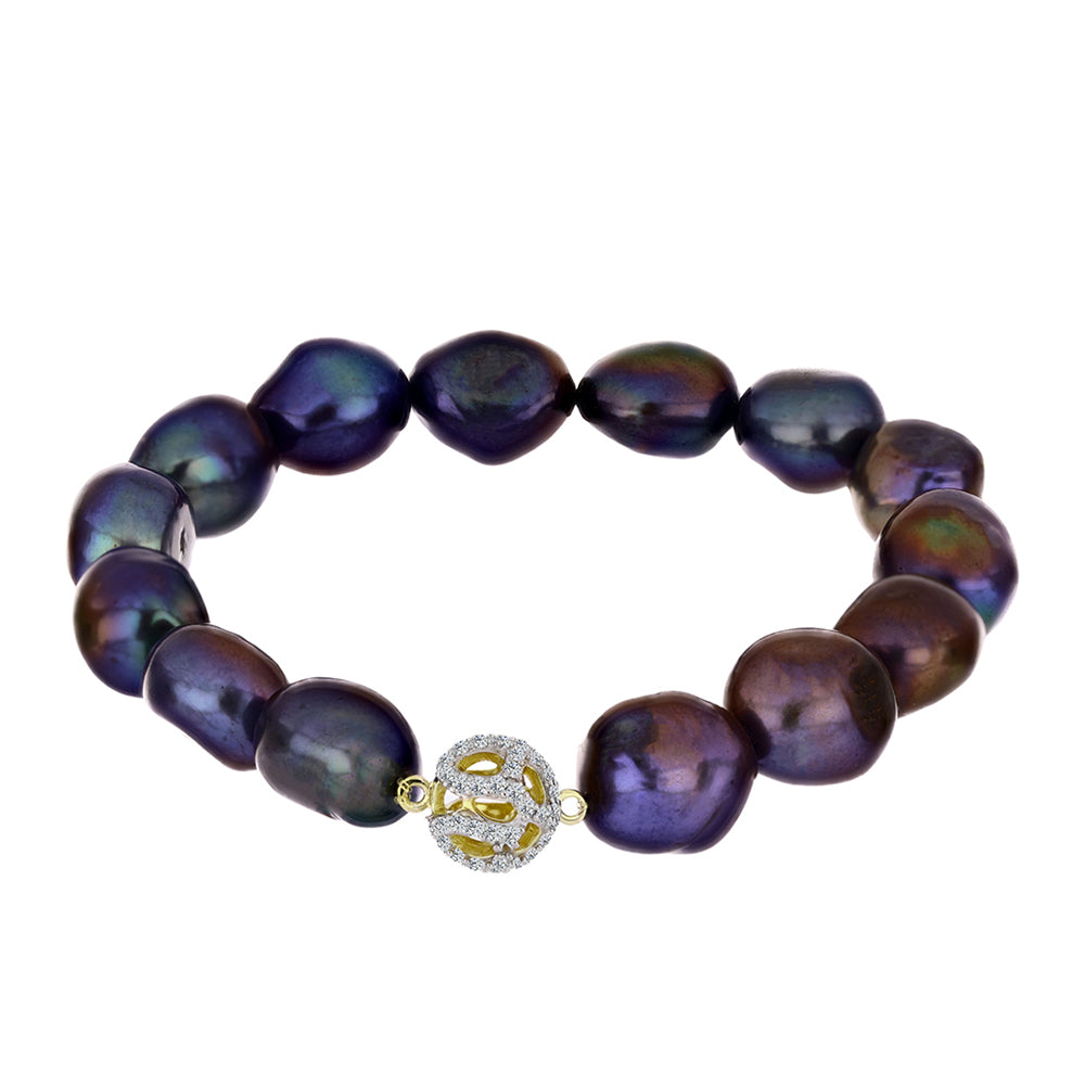 Pulsera de Plata Bañada en Oro con Perla Negra Cultivada de Agua Dulce y Topacio Blanco 1 