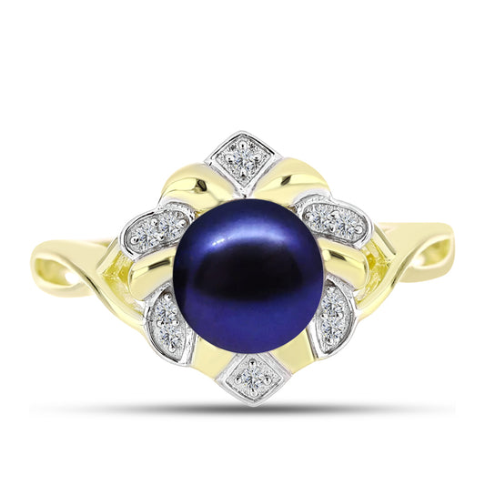Anillo de Plata Bañada en Oro con Perla Negra Cultivada de Agua Dulce y Topacio Blanco