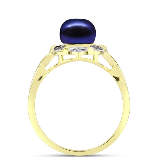 Anillo de Plata Bañada en Oro con Perla Negra Cultivada de Agua Dulce y Topacio Blanco