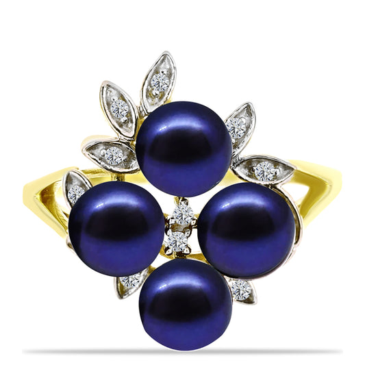Anillo de Plata Bañada en Oro con Perla Negra Cultivada de Agua Dulce y Topacio Blanco