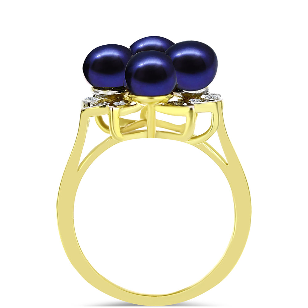 Anillo de Plata Bañada en Oro con Perla Negra Cultivada de Agua Dulce y Topacio Blanco 2 