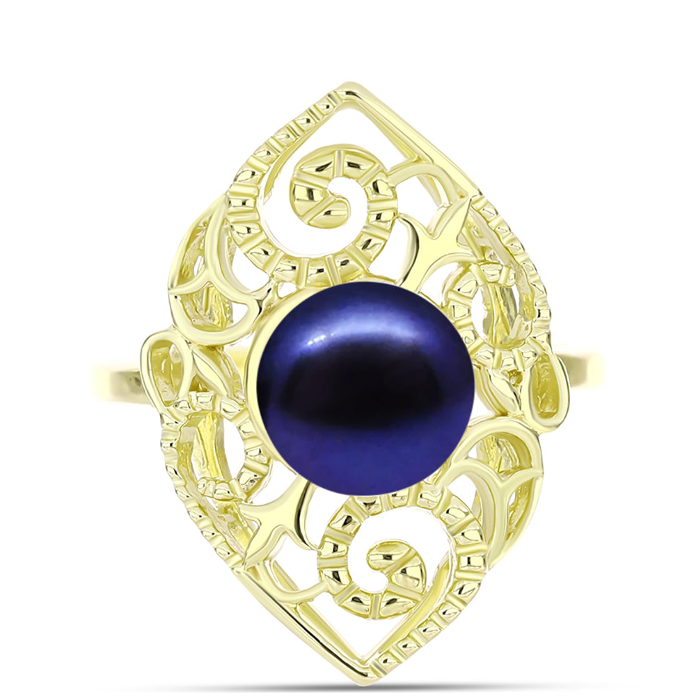 Anillo de Plata Bañada en Oro con Perla Negra Cultivada de Agua Dulce