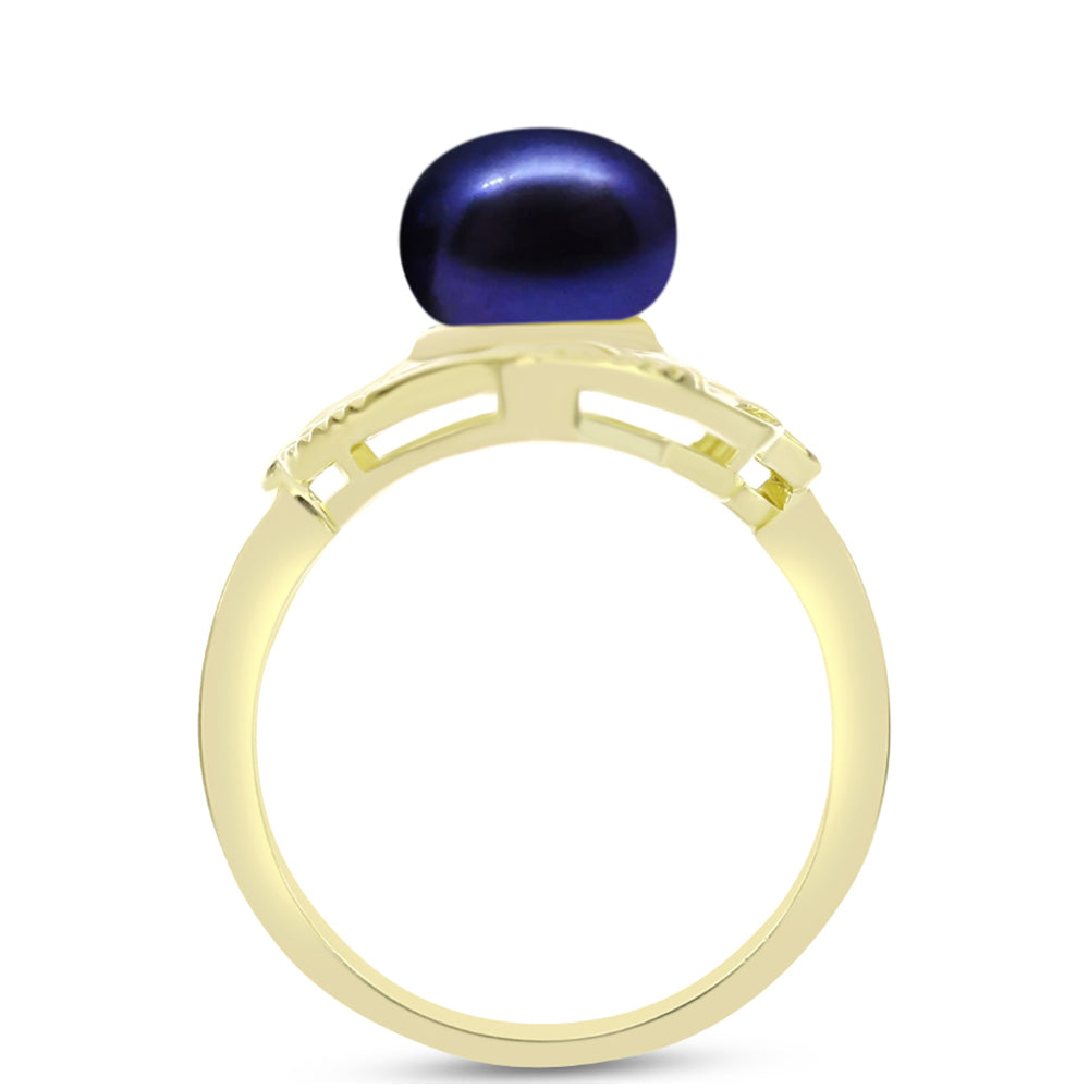 Anillo de Plata Bañada en Oro con Perla Negra Cultivada de Agua Dulce